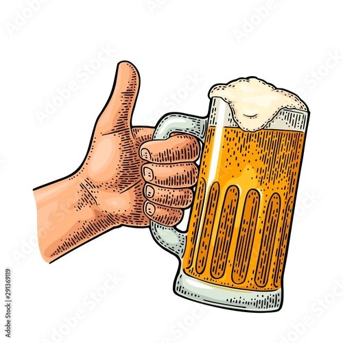 Male hand holding beer glass and showing symbol Like. Vector vintage engraving