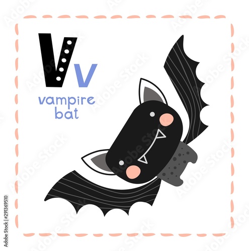 Cartoon vector Alphabet letter V for Vampire Bat for teaching kids to read and write with upper and lower case text, alongside a fearsome black bat with long teeth flying towards the viewer