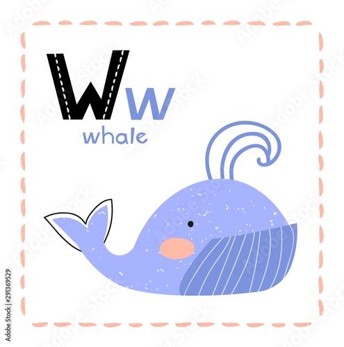 Cartoon Alphabet letter W for Whale for teaching kids to read and write with upper and lower case text alongside a cute blue baleen whale blowing a spout of water, vector illustration