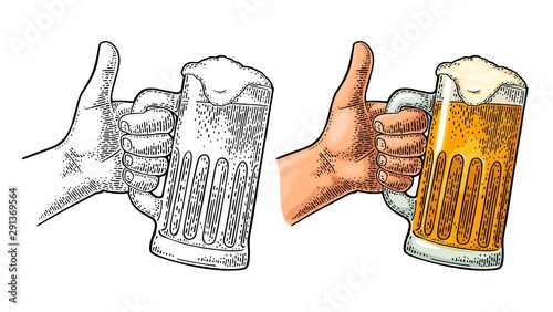Male hand holding beer glass and showing symbol Like. Vector vintage engraving