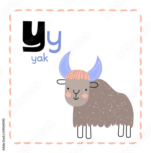 Cartoon Alphabet letter Y for Yak for teaching kids to read and write, with upper and lower case text alongside a woolly yak with large horns in a colored vector illustration