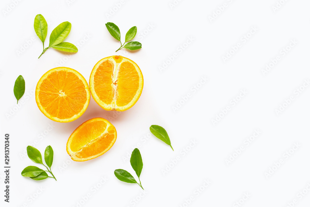 Fresh orange citrus fruit with leaves isolated on white background. Fresh orange citrus fruit with leaves isolated on white background.