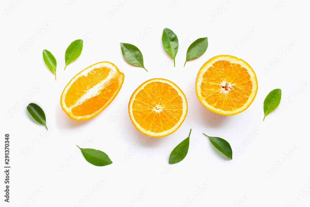 Fototapeta premium Fresh orange citrus fruit with leaves isolated on white background.