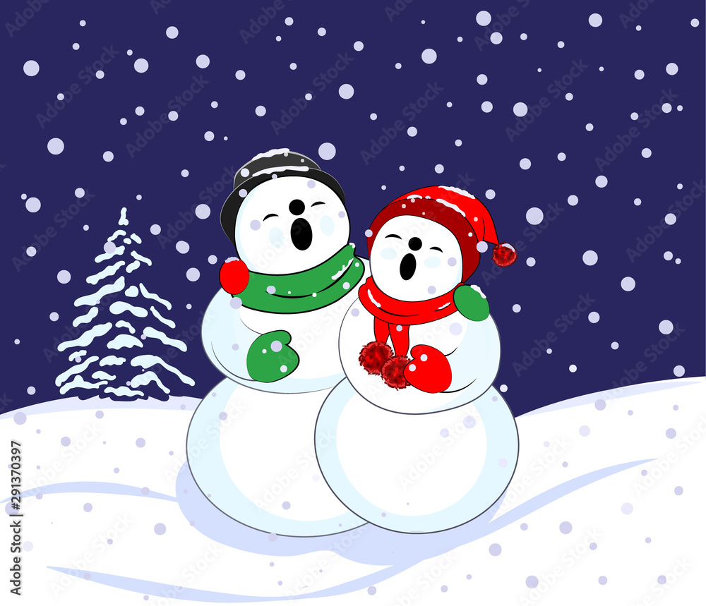 A vector illustration of  a snowman couple  with their arms around each other, wearing red and green colored scarves and hats, heads thrown back singing merrily.  The background has a snow covered fir