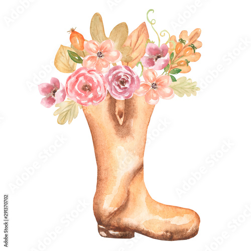 Watercolor illustration. Yellow and brawn boots with autumn leaves and flowers and dog rose on a white background. Romantic theme. Composition for design. Greeting card, postcard, poster © MayaNavits