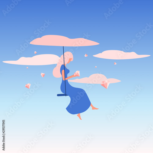 Girl sitting on a swing in the clouds