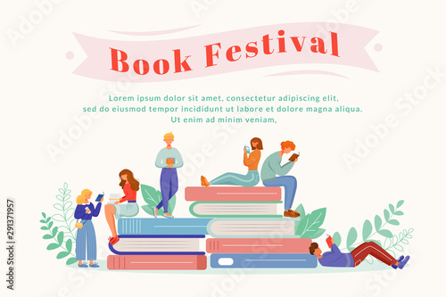Book festival flat poster vector template. Writer fest. Library anniversary. Books fair. Literary holiday isolated cartoon characters. Banner, brochure page, leaflet design layout with place for text