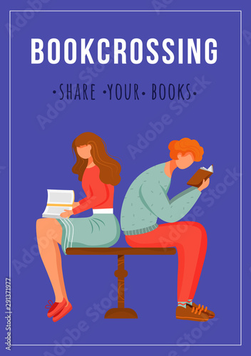 Bookcrossing poster vector template. Share your books. Brochure, cover, booklet page concept design with flat illustrations. Reading man and woman. Advertising flyer, leaflet, banner layout idea