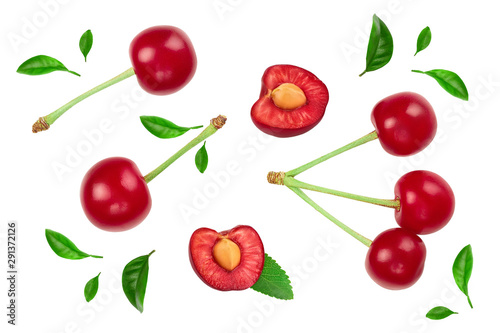 Some cherries with leaf closeup isolated on white background. Top view. Flat lay.