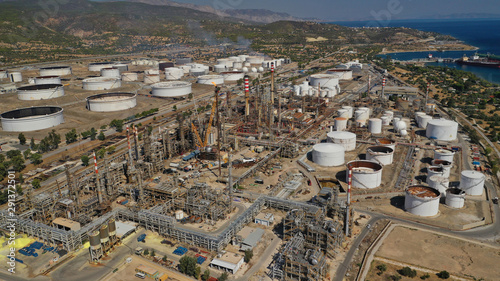 Aerial drone photo of industrial oil refinery plant in popular Mediterranean seaside area