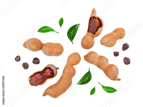 Tamarind fruit with leaf and seed isolated on white background, Top view. Flat lay photo