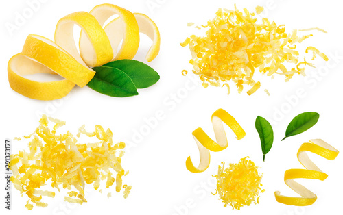 Картината върху платно Set or collection lemon peel with leaf isolated on white background