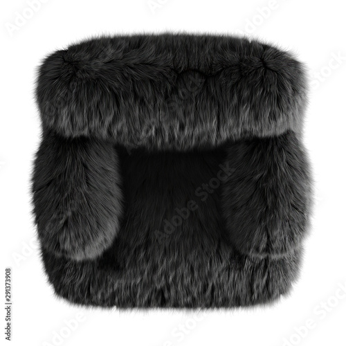 Beautiful black fluffy chair made of wool on an isolated background top view. 3D rendering