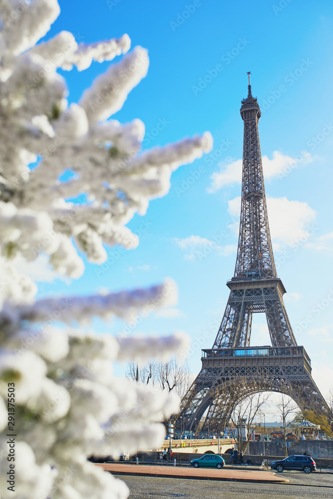 Christmas tree covered with snow near the Eiffel tower
