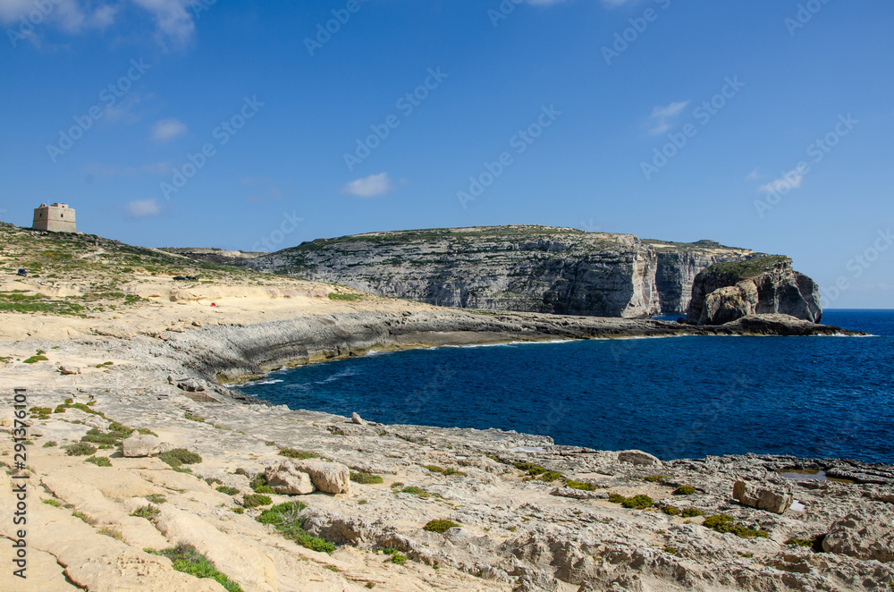 Dwejra in Gozo Island, Malta. Azure window in Malta. Place there Game of thrones was filming, famous location. Rocky coastline where Azure Window collapsed