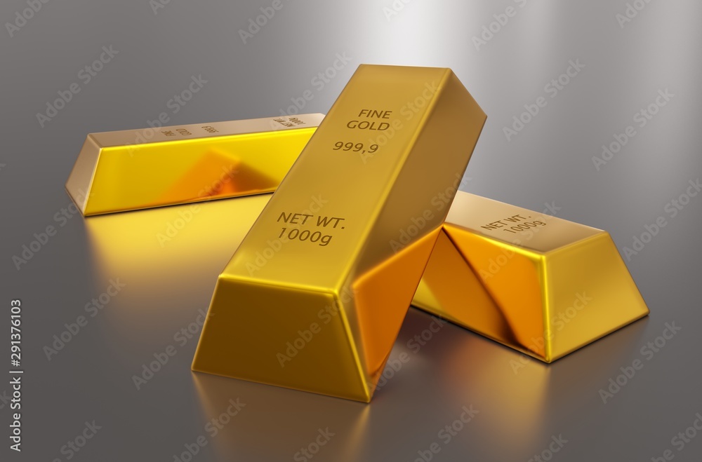 Three gold ingots or bars over silver metallic background - precious metal or money investment concept, 3D illustration Three gold ingots or bars over silver metallic background - precious metal or money investment concept, 3D illustration