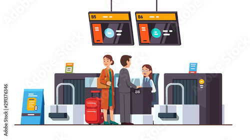 Passengers at international airport check in desk