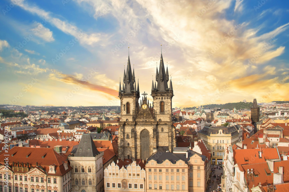 Beautiful view of the Old Town Square, and Tyn Church in Prague, Czech Republic Beautiful view of the Old Town Square, and Tyn Church in Prague, Czech Republic
