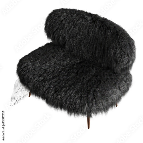 Beautiful black fluffy bench made of wool on an isolated background. 3D rendering