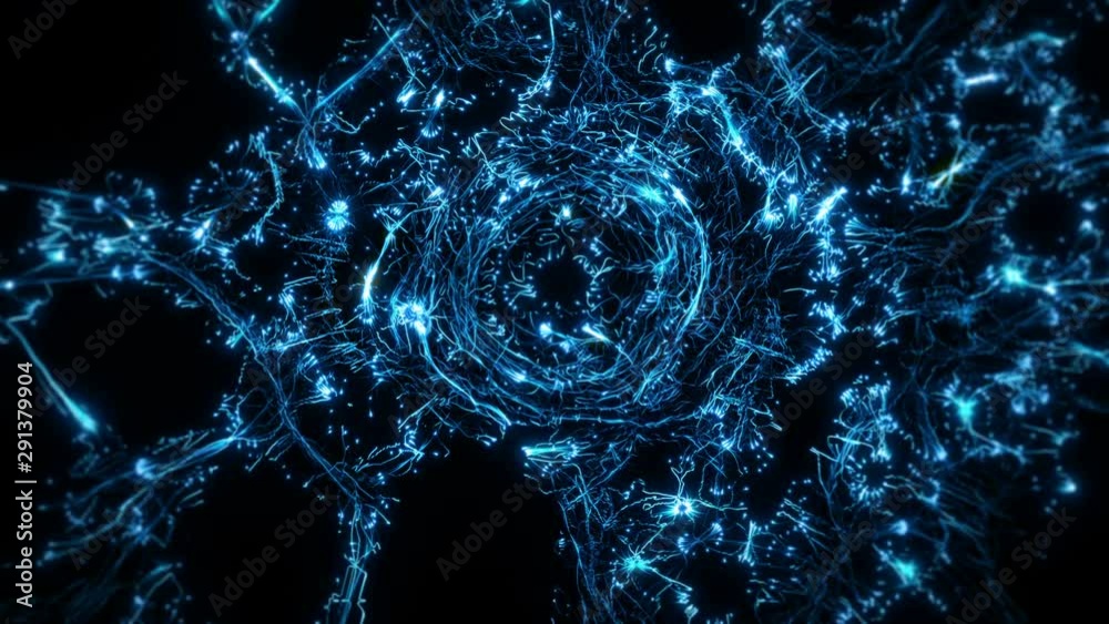Visual representation flying through blue abstract digital tunnel funnel artificial intelligence neural network organic animation visuals, vj, light presentations motion background loop