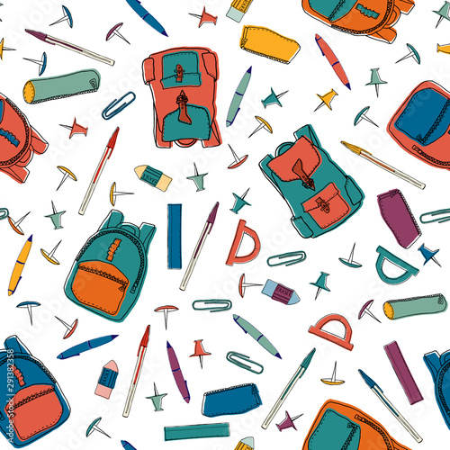 Colorful hand drawn seamless pattern made of stationery items. Vector illustration with school items for wrapping paper, backgrounds, wallpapers, etc.