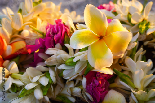 Close-up of a bouquet of tropical flowers used for a destination wedding with a sandy beach in the background