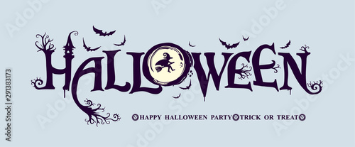 Halloween horizontal banner with festive vector logo. HAPPY HALLOWEEN, Trick or Treat. The inscription with ominous tree branches, bats and a pretty witch on a background of the full moon.