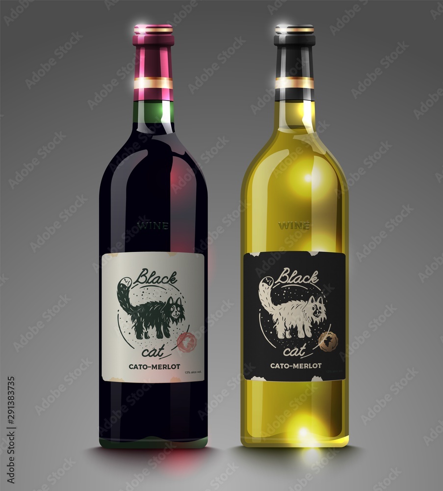 Small set. Two wine bottles. Red and white wine. Realistic fun illustration for mock-up