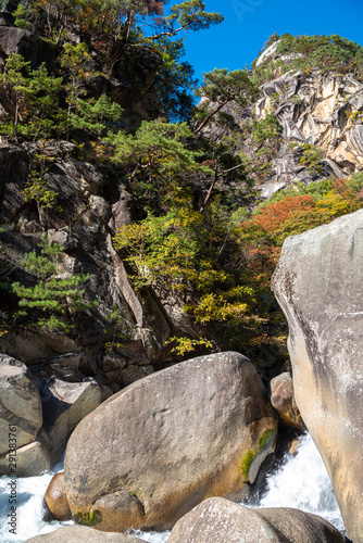 Mitake Shosenkyo Gorge Autumn foliage scenery view in sunny day. Beauty landscapes of magnificent fall colours. A popular tourist attractions in Kofu, Yamanashi Prefecture, Japan photo