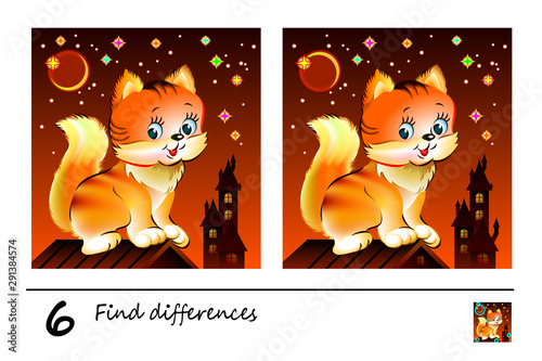 Find 6 differences. Logic puzzle game for children and adults. Printable page for kids brain teaser book at night. Image of cute kitten sitting on roof. Developing counting skills. IQ training test.