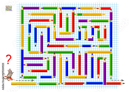 Logical puzzle game with labyrinth for children. Help mouse draw way from beginning to the end on square paper. Printable worksheet for kids brain teaser book. IQ training test. Vector cartoon image.