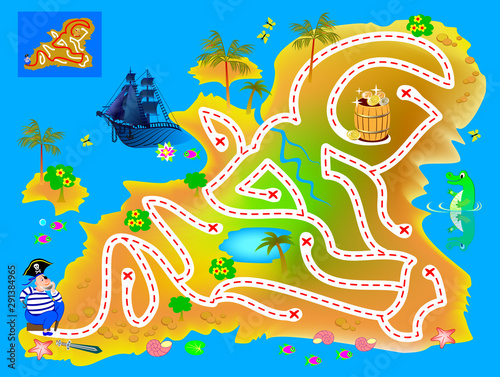 Logical puzzle game with labyrinth for children and adults. Help pirate find way in treasure island till buried gold. Printable worksheet for kids brain teaser book. IQ test. Vector cartoon image.