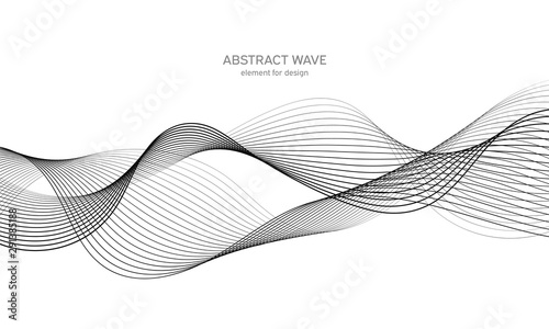 Abstract wave element for design. Digital frequency track equalizer. Stylized line art background. Vector illustration. Wave with lines created using blend tool. Curved wavy line, smooth stripe.