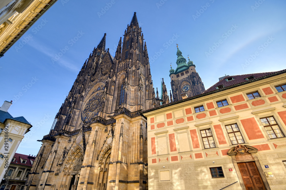 St. Vitus Cathedral inside of the Prague Castle complex built in the 9th century in Prague, Czech Republic.