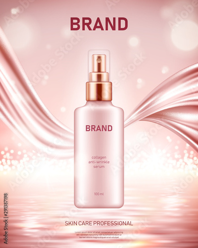 Realistic spray bottle with silky smooth fabric on shiny sea background with bokeh lights. Cosmetic brand advertising concept design