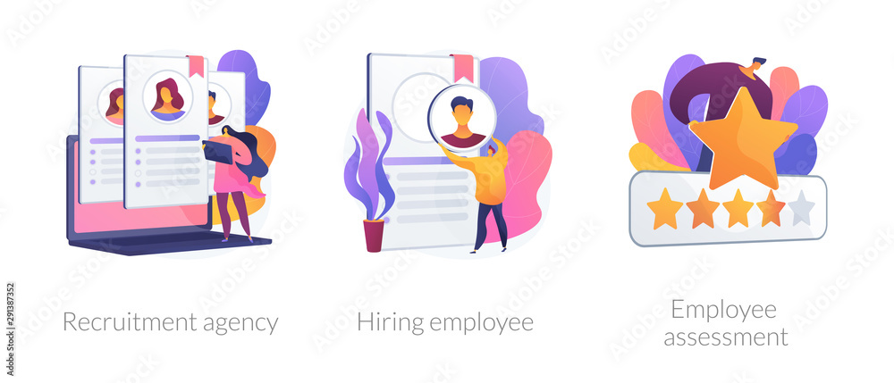 Employer actions icons set. Employment service, resume search, staff selection. Recruitment agency, hiring employee, employee assessment metaphors. Website web page template - concept metaphors. Employer actions icons set. Employment service, resume search, staff selection. Recruitment agency, hiring employee, employee assessment metaphors. Website web page template - concept metaphors.