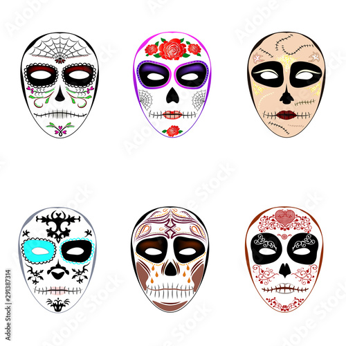 Masks for the holiday Halloween in the style of Los Muertos. Set of festive scary face makeup designs. Trendy skull patterns for halloween party. 