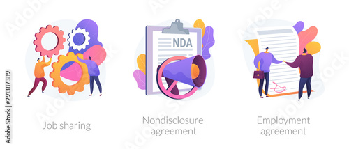 Company principles icons set. Employer and employee contract, labor obligations. Job sharing, nondisclosure agreement, employment agreement metaphors. Website web page template concept metaphors.