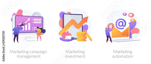 Company promotion icons set. Cost optimization, capital spending. Marketing campaign management, marketing investment, marketing automation metaphors. Vector isolated concept metaphor illustrations.