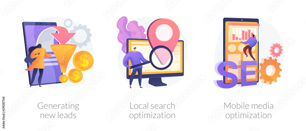 Marketing campaign icons set. Customer attraction, SEO promotion. Generating new leads, local search optimization, mobile media optimization metaphors. Vector isolated concept metaphor illustrations. Marketing campaign icons set. Customer attraction, SEO promotion. Generating new leads, local search optimization, mobile media optimization metaphors. Vector isolated concept metaphor illustrations.