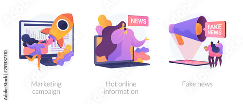 Press and mass media icons set. Propaganda newscast, untruth information spread. Yellow press, hot online information, fake news metaphors. Vector isolated concept metaphor illustrations.
