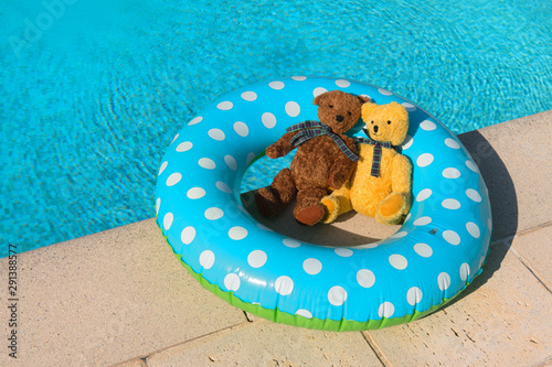 Two toy bears floating in swimming pool