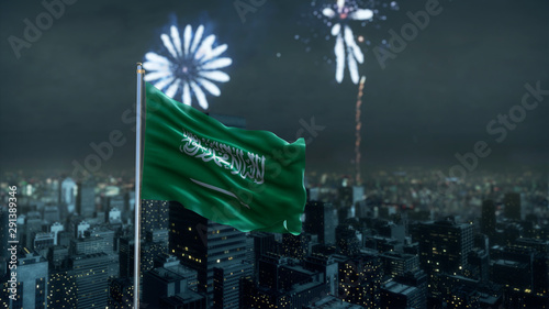 Saudi Arabia  Flag With Modern City Night Shot And Fireworks 3D Rendering photo
