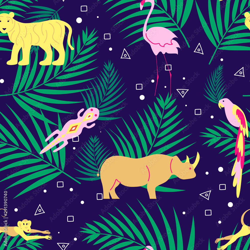 Seamless pattern with palm and animals