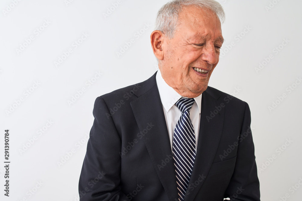 Senior grey-haired businessman wearing suit standing over isolated white background with hand on stomach because nausea, painful disease feeling unwell. Ache concept. Senior grey-haired businessman wearing suit standing over isolated white background with hand on stomach because nausea, painful disease feeling unwell. Ache concept.