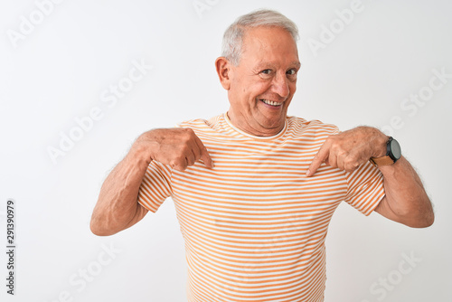 Senior grey-haired man wearing striped t-shirt standing over isolated white background looking confident with smile on face, pointing oneself with fingers proud and happy.