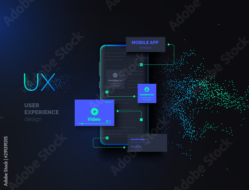 Mobile apps. Creation of a mobile application. Web page created from separate blocks. User experience, user interface. Layouts of the mobile application by layers. Modern vector illustration.