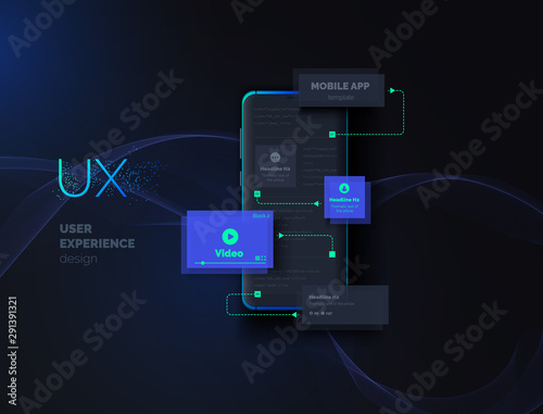 Mobile apps. Creation of a mobile application. Web page created from separate blocks. User experience, user interface. Layouts of the mobile application by layers. Modern vector illustration.