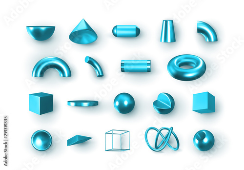 Set of 3d blue Geometric Shapes Objects. Realistic geometry elements isolated on white background, on metallic color gradient. Render Decorative turquoise figure for design. vector illustration