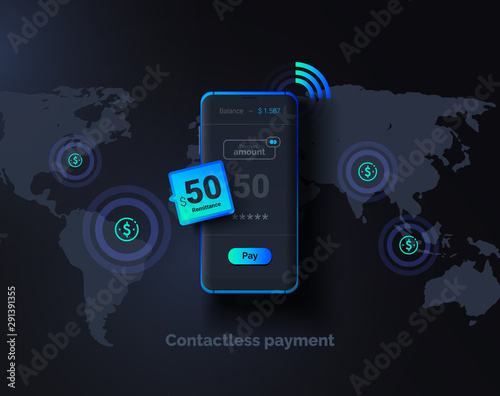 Global money transfers. Contactless payment. Mobile phone on a background of a world map with a payment system interface. Online money transfer around the world. Modern vector illustration.